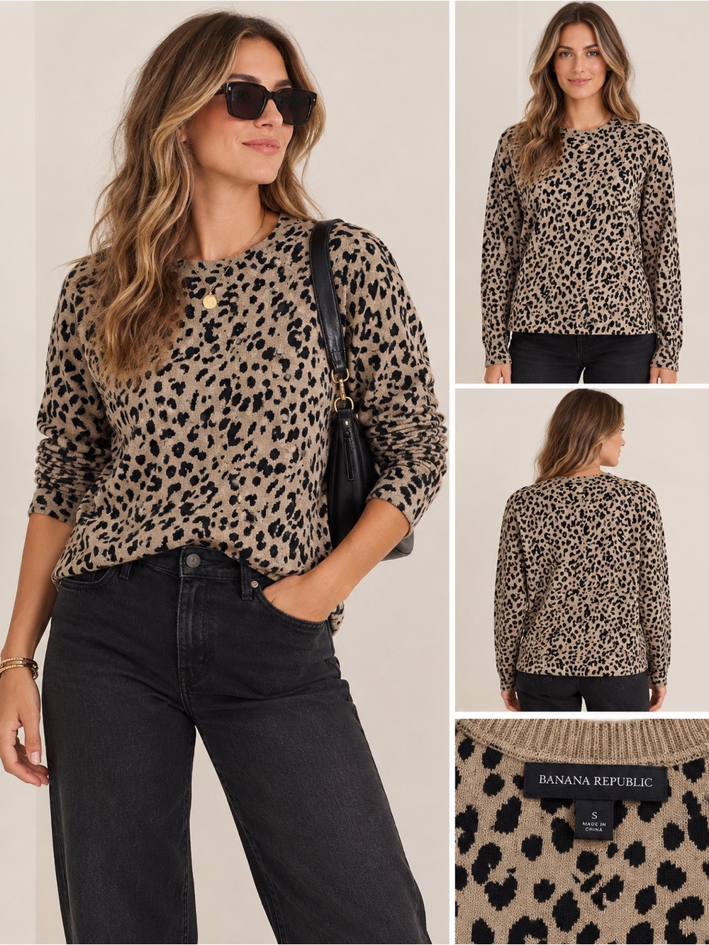 Banana Republic Leopard Print Merino Wool Crewneck Sweater Size L